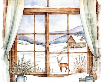 May include: Watercolor painting of a winter scene viewed through a wooden window. A snow-covered landscape with a cabin, deer, and evergreen branches in a blue pitcher. Soft green curtains frame the window. The word "Rewrite" is visible.