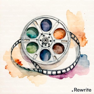 Puede incluir: Ilustración en acuarela de una bobina de película con acentos coloridos. La bobina es plateada con aberturas circulares, y la tira de película es en blanco y negro. El fondo presenta suaves aguadas en tonos naranja, morado y verde.