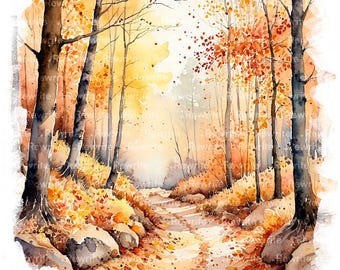 6枚の水彩画風の秋の風景イラスト、季節の工芸品や装飾に最適な秋の