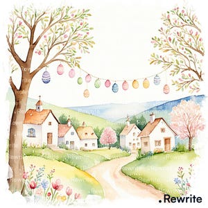 20 Village Easter Celebration Clipart, Easter Countryside, Watercolor Spring Town with Bunny, Cottages and Decorated Eggs. High Quality JPG