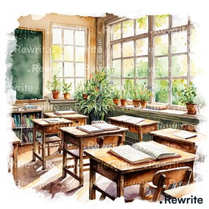 May include: A watercolour illustration of a classroom bathed in sunlight. Wooden desks with open books and chairs are arranged in rows. A chalkboard, bookshelves, and potted plants sit near large windows. The scene evokes learning and tranquility.