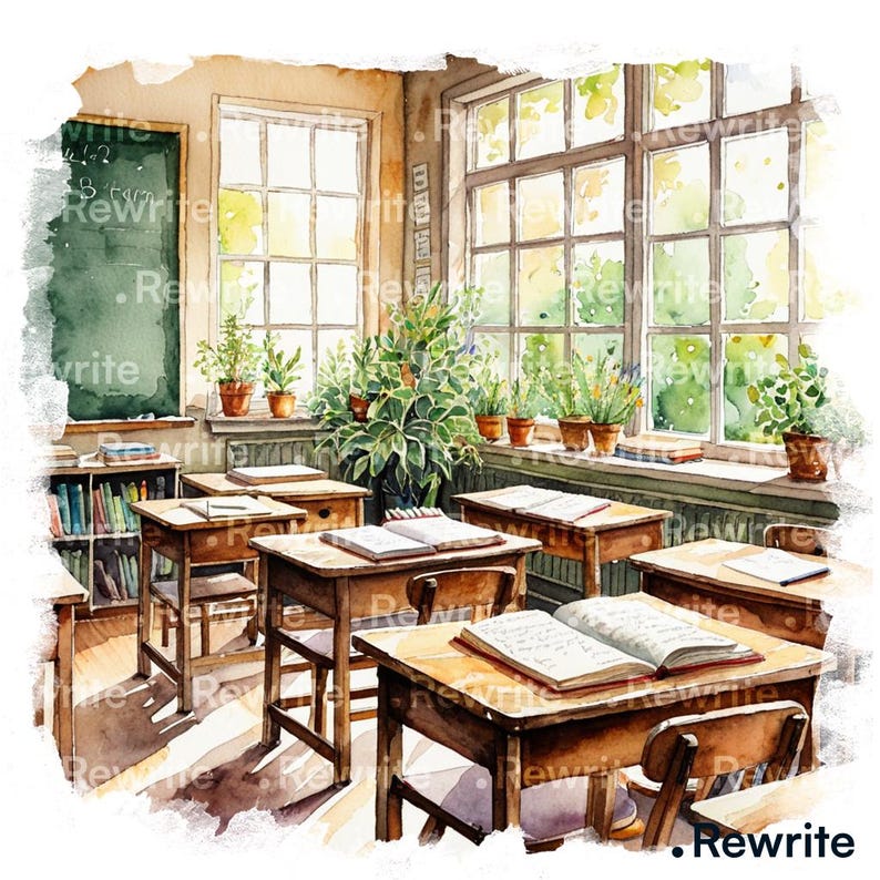 May include: A watercolour illustration of a classroom bathed in sunlight. Wooden desks with open books and chairs are arranged in rows. A chalkboard, bookshelves, and potted plants sit near large windows. The scene evokes learning and tranquility.