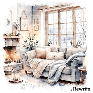 Könnte beinhalten: Aquarellillustration einer gemütlichen Wohnzimmerszene. Ein graues Sofa ist mit Kissen und Decken geschmückt. Ein Kamin mit Kerzen und ein Fenster mit Blick auf eine verschneite Landschaft vervollständigen das Winterthema.