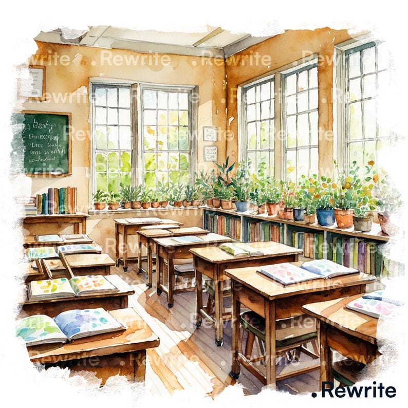 May include: A watercolour painting of a classroom bathed in sunlight. Wooden desks with open books are arranged in rows. A chalkboard with text is on the left. Windows are lined with potted plants and bookshelves. The colour scheme is warm, with browns and yellows.