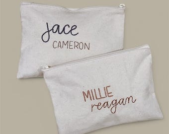 Hand Embroidered Name Pouch: Personalized Zipper Pouch