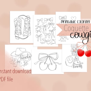May include: Printable coloring pages with a cowgirl theme. The pages feature images of cowboy boots, bows, cherries, and hats with the word "Howdy" written on them. The text "Coquette cowgirl" is written in a decorative font.