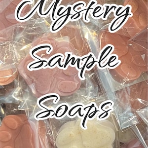 Op de afbeelding: Assortiment van mystery sample zepen in verschillende kleuren en vormen, individueel verpakt in transparant plastic. De zepen zijn gevormd als pootafdrukken en andere organische vormen. Tekst op de afbeelding luidt "Mystery Sample Soaps" en "Kiartista".