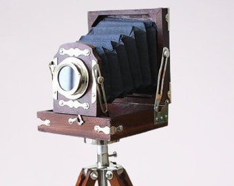 Antique Vintage Look Wooden Film Camera With Wooden Tripod ~ Home Decorative Antique Old Time Photography Camera  Collectible Studio Gift