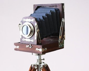 Antique Vintage Look Wooden Film Camera With Wooden Tripod