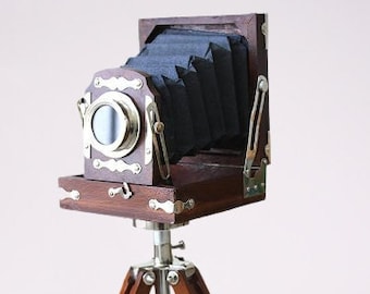 Antique Vintage Look Wooden Film Camera With Wooden Tripod ~ Home Decorative Antique Old Time Photography Camera  Collectible Studio Gift