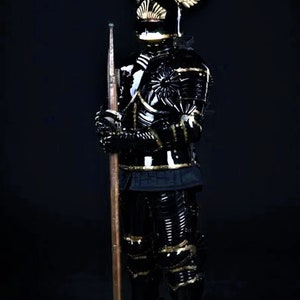 May include: A black and gold knight's armor with a winged helmet and a long wooden spear. The armor is highly detailed and has a decorative design.