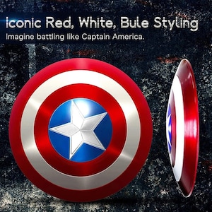 May include: A red, white, and blue Captain America shield with a five-pointed star in the center. The shield is made of metal and has a shiny finish.  "Iconic Red, White, Blue Styling" and "Imagine battling like Captain America." are written above the shield.