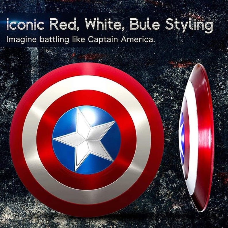 May include: A red, white, and blue Captain America shield with a five-pointed star in the center. The shield is made of metal and has a shiny finish.  "Iconic Red, White, Blue Styling" and "Imagine battling like Captain America." are written above the shield.