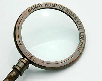 Antique Brass Magnifier Glass | Magnifier Full Brass Henry Hughes London Ltd. 1942 | Hand Held Magnifying Glass | Best & Simple Gift