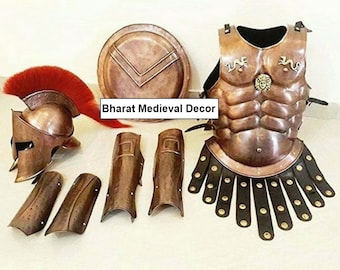 300 Movie Medieval  Roman King Leonidas Costume  With Spartan Helmet, Muscle Jacket War, Leg Guard, Arm Guard and Armour Shield