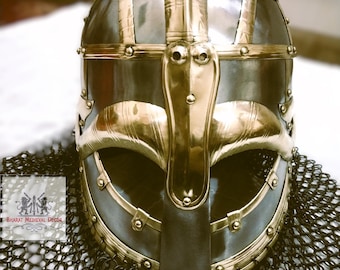 Medieval Viking Vendel Helmet With Chainmail | Viking Riveted Chain-mail Helmet | SCA/LARP Norman Hand Forged, Replica Viking Norse Helmet