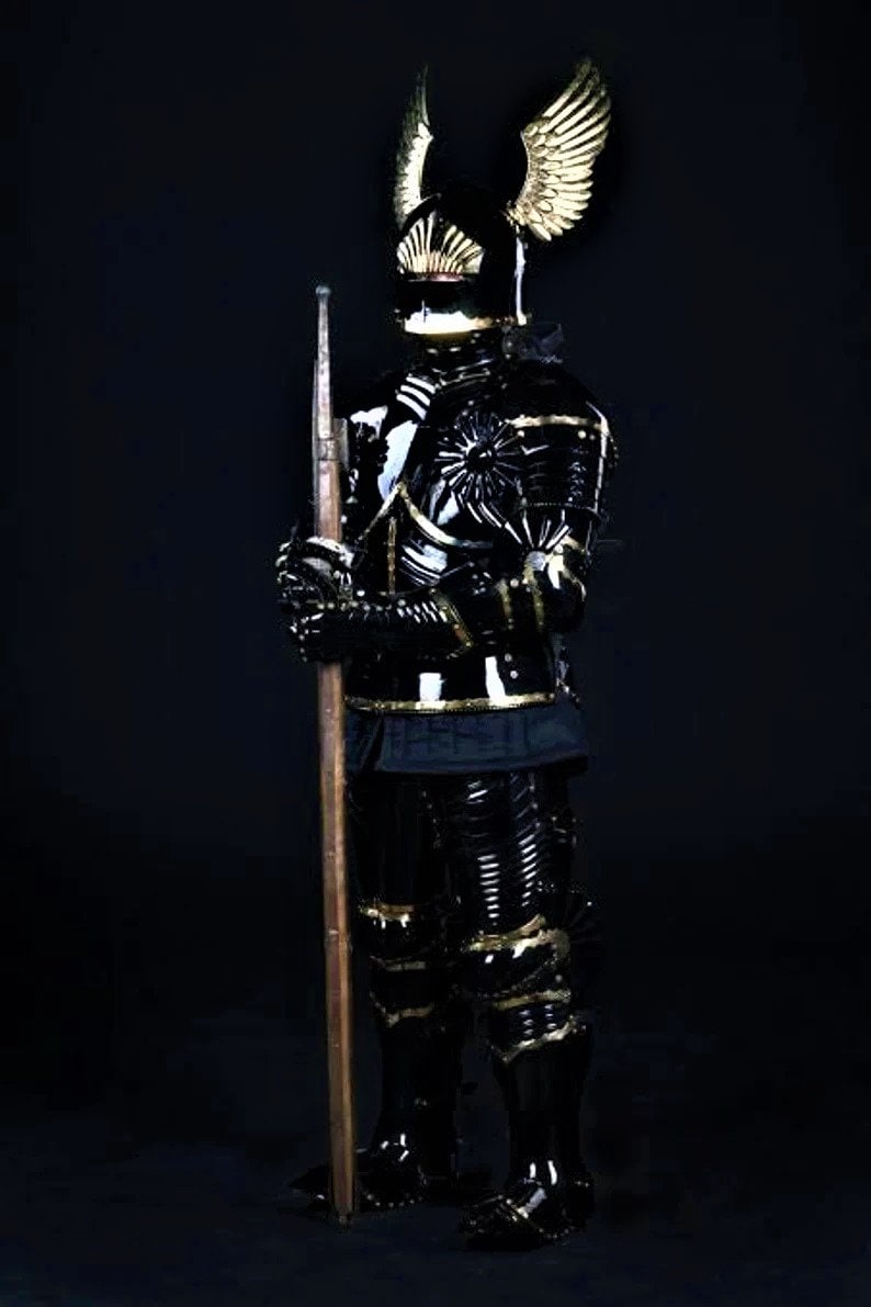 May include: A black and gold knight's armor with a winged helmet and a long wooden spear. The armor is highly detailed and has a decorative design.