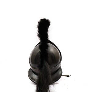 Puede incluir: Un casco negro con una larga pluma negra de crin de caballo. El casco est&aacute; hecho de metal y tiene una forma redondeada.