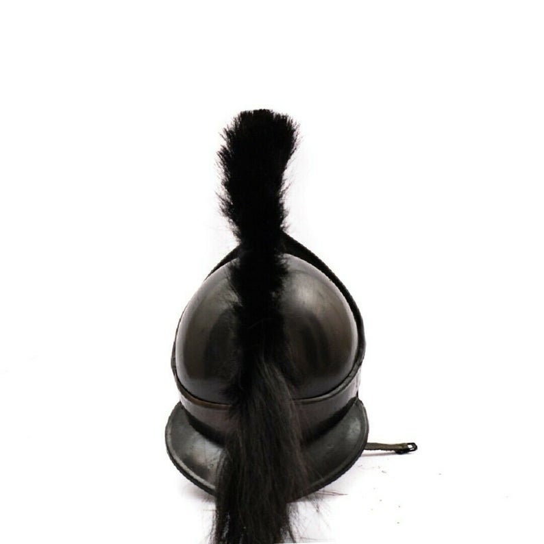 Puede incluir: Un casco negro con una larga pluma negra de crin de caballo. El casco est&aacute; hecho de metal y tiene una forma redondeada.