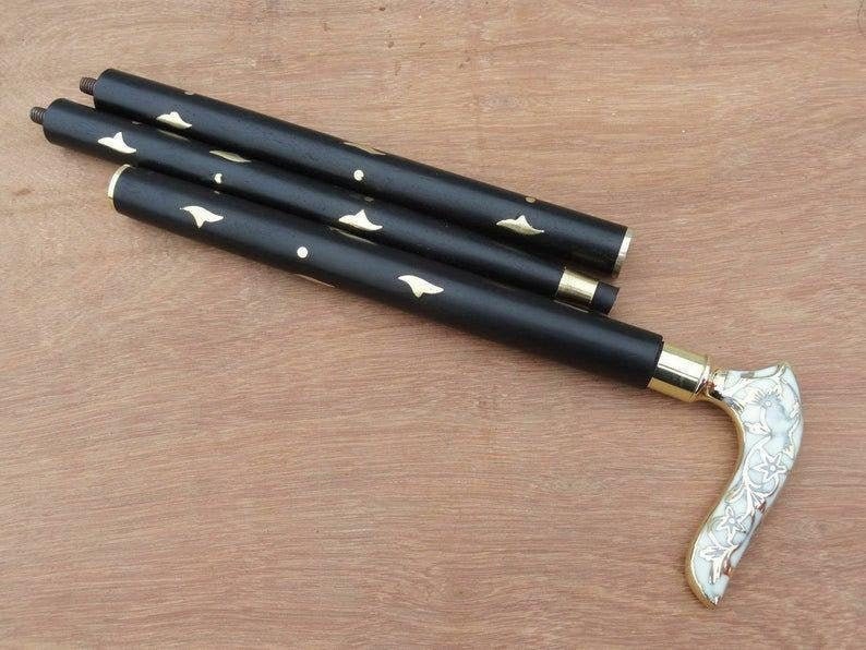 アンティーク 航海用 黒と白の花の葉のビクトリア朝の杖 | 木製の