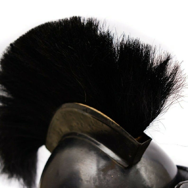 Puede incluir: Primer plano de un casco negro con una pluma de crin de caballo negro. El casco est&aacute; hecho de metal y tiene una superficie texturizada.