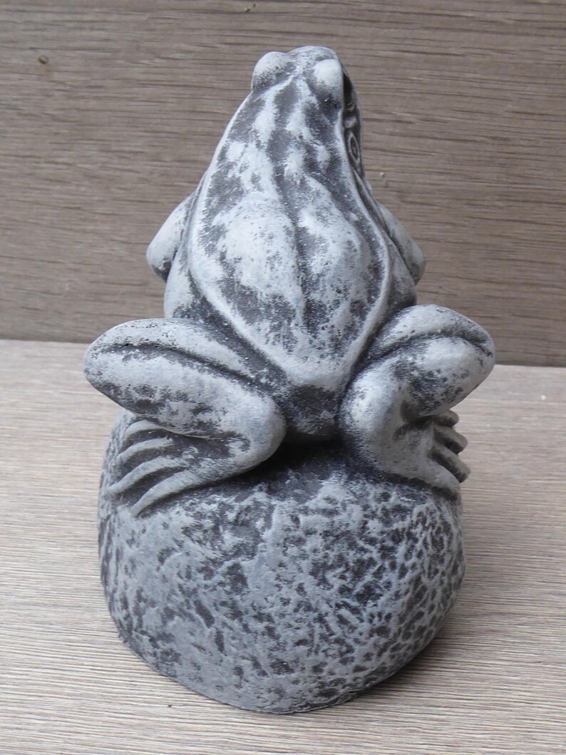 Pu&ograve; includere: Una statuetta di rana effetto pietra grigia appoggiata su una base arrotondata e testurizzata. La rana presenta una finitura screziata e usurata con macchie grigio scuro sul dorso e sulle zampe, in una forma scolpita in posizione seduta.