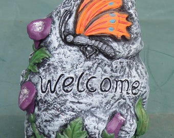 Handcrafted Cast Stone Garden Welcome Stone Butterfly Detail 15cm Tall