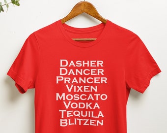 Funny Christmas T-Shirt, Reindeer Names & Cocktails, Matching Family Party