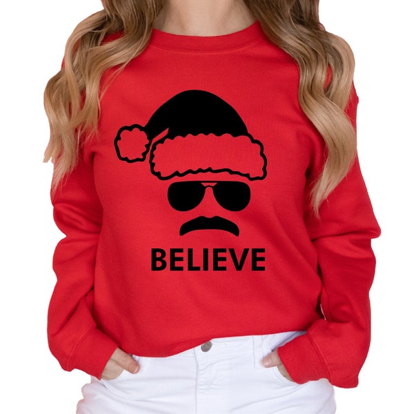 Funny Christmas Sweatshirt, BELIEVE Santa Hat, Funny Mens Womens Husband Wife Dad Family Shirt, Teacher Gift for Her, Holiday Family Shirt