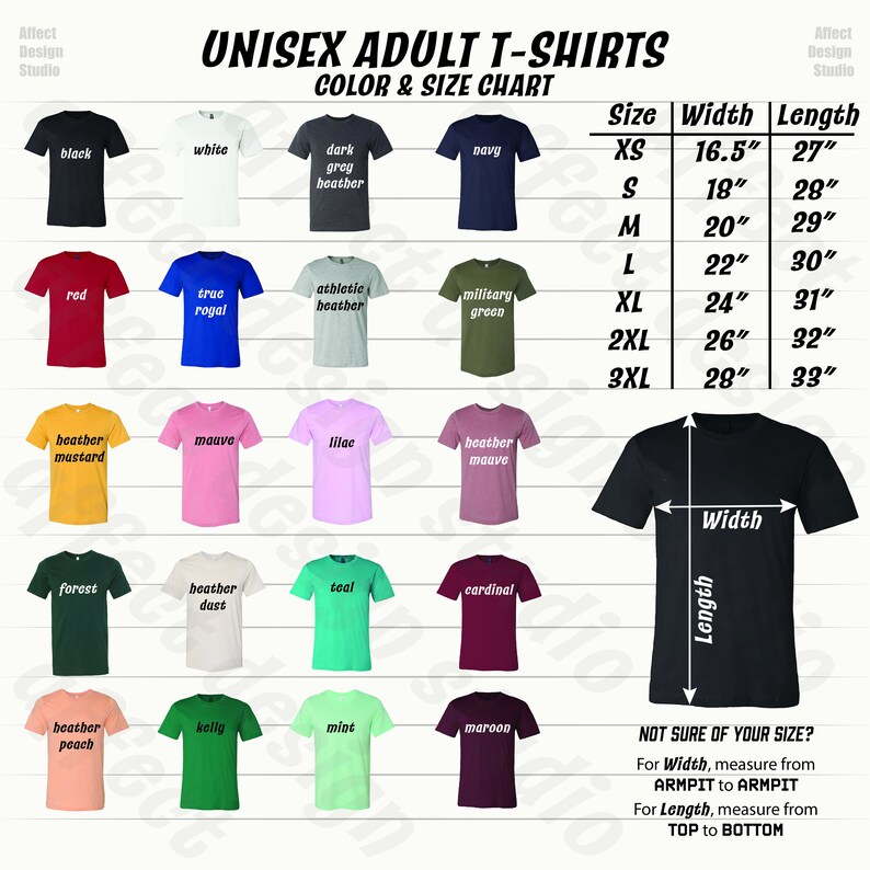 May include: Unisex adult t-shirt size chart with color options. The chart shows the width and length measurements in inches for sizes XS to 3XL.