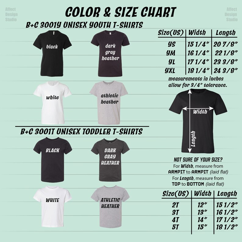 May include: Size chart for youth and toddler unisex t-shirts. The chart shows the different sizes available, along with the corresponding width and length measurements in inches. The colors available are black, white, dark gray heather, and athletic heather.