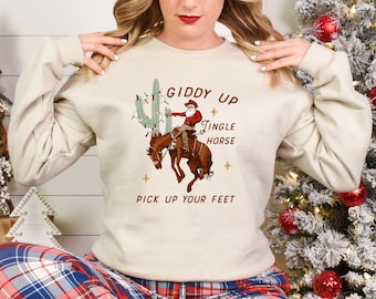 Cowboy Christmas Sweatshirt, Funny Giddy Up Jingle Horse, Western Santa Shirt, Family Vacation Matching Vintage Retro Holiday Shirts