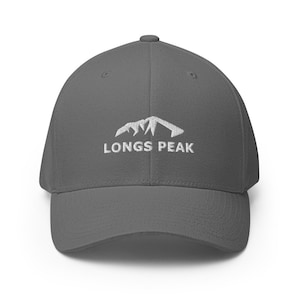 May include: A gray baseball cap with a white embroidered mountain range and the text "LONGS PEAK".