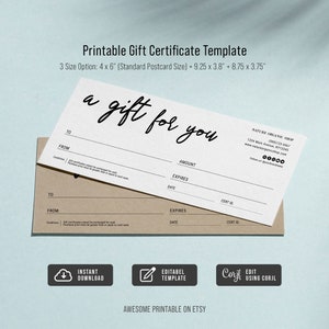 Modelo de certificado de presente para impressão, cartão de presente DIY, certificado de presente editável, presente para você, tamanho de cartão postal, envelope comercial #10, 9