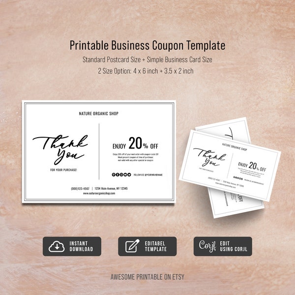 Printable Business Coupon Template, Editable Coupon Template, DIY Coupon, Business Thank You Card, Business Card Size, Postcard Size