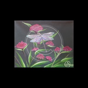May include: A painting of a dragonfly with iridescent wings perched on a stem of pink flowers against a dark background.