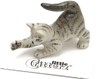 Little Critterz Cat Grey Tabby Kitten "Lily" Animal - Home Decor Animal Birthday Gift Decorative Figurine - Miniature Porcelain Figurine