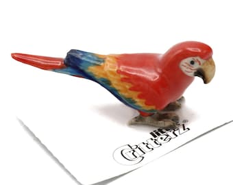 Little Critterz Red Macaw "Scarlet" Parrot - Handcrafted Home Decor Bird Birthday Gift Decorative Figurine - Miniature Porcelain Figurine