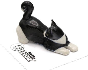 Little Critterz Black Cat Tuxedo Kitten Chessie - Home Decor Animal Birthday Gift Decorative Figurine - Miniature Porcelain Figurine