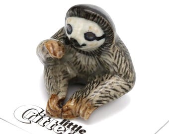 Little Critterz Gray Three-toed Sloth "Buttercup" - Home Decor Animal Birthday Gift Decorative Figurine - Miniature Porcelain Figurine