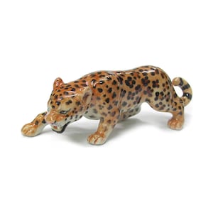 Northern Rose Brown Leopard Hunting - Forest Animal Handmade Decorative Figurine - Miniature Porcelain Figurine