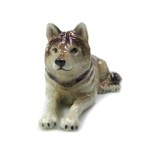 Northern Rose Gray Wolf Lying Down Animal - Handmade Home Decor Bird Decorative Figurine Birthday Gift - Miniature Porcelain Figurine