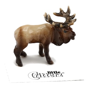 Little Critterz Brown Bugling Elk "Wapiti" Cow - Handmade Home Decor Animal Birthday Gift Decorative Figurine - Miniature Porcelain Figurine