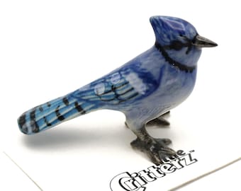 Little Critterz Bird Bluejay "Mischief" - Handmade Home Decor Bird Birthday Gift Decorative Figurine - Miniature Porcelain Figurine