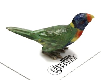 Little Critterz Green Parrot Lorikeet "Rainbow" - Hand Crafted Home Decor Bird Decorative Figurine - Miniature Porcelain Figurine