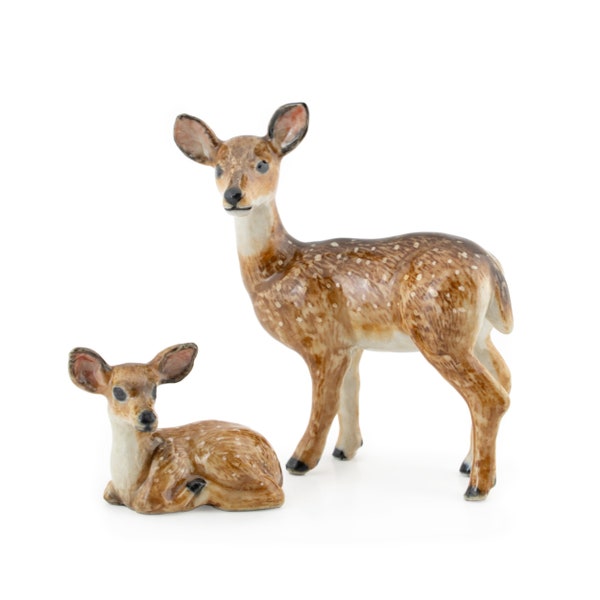 Little Critterz Deer Fawn and Doe 2 pc Set - Home Decor Birthday Gift Animal Decorative Figurine - Miniature Porcelain Figurine