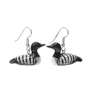 Little Critterz Jewelry Black Loon Gavia - Handcrafted French Hooks Birthday Gift Decorative Figurine - Porcelain Earrings Jewelry
