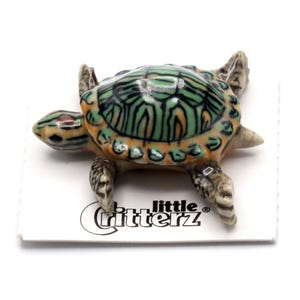 Little Critterz Turtle Green Eared Slider &quot;Bask&quot; - Home Decor Reptile Birthday Gift Decorative Figurine - Miniature Porcelain Figurine