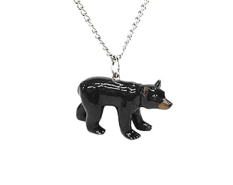 Little Critterz Jewelry Black Bear Necklace - Handcrafted Home Decor Animal Decorative Figurine - Necklace Pendant Porcelain Jewelry