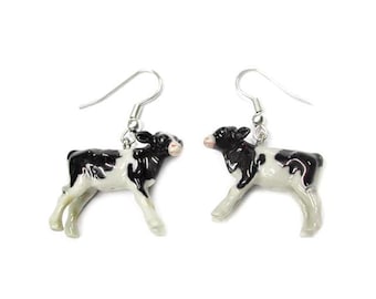 Little Critterz Jewelry Black and White Cow Animal - Handcrafted Decorative Figurine Lightweight French Hooks - Porcelain Earrings Jewelry